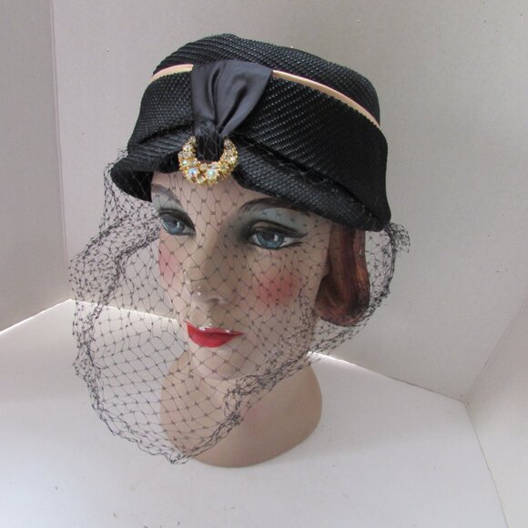 Vintage 1960 Era Black Hat with Rhinestone Decoration
